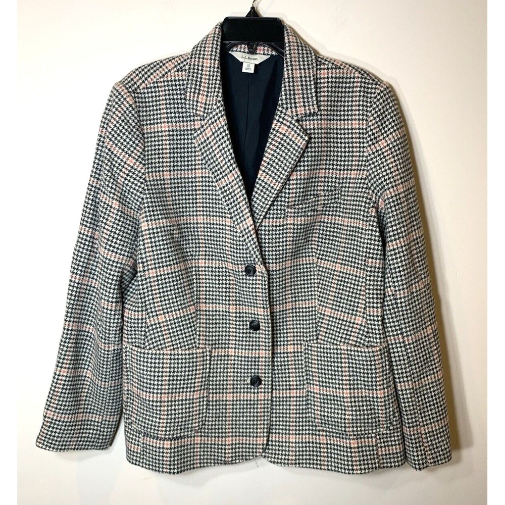 LL Bean‎ Wool Blazer Womens XL Houndstooth Black White Pink Silk Blend Stretch